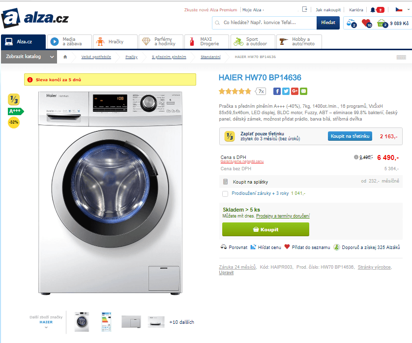 Pračka Haier, A+++, 7 kg, 1400 ot./min