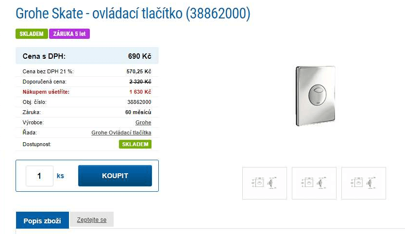 Ovládací tlačítko na WC Grohe Skate