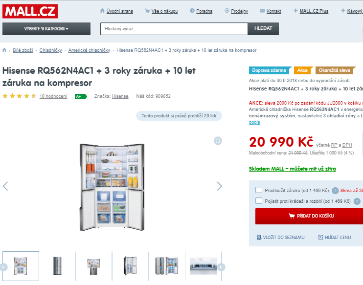Americká lednice Hisense, A+, 462 l