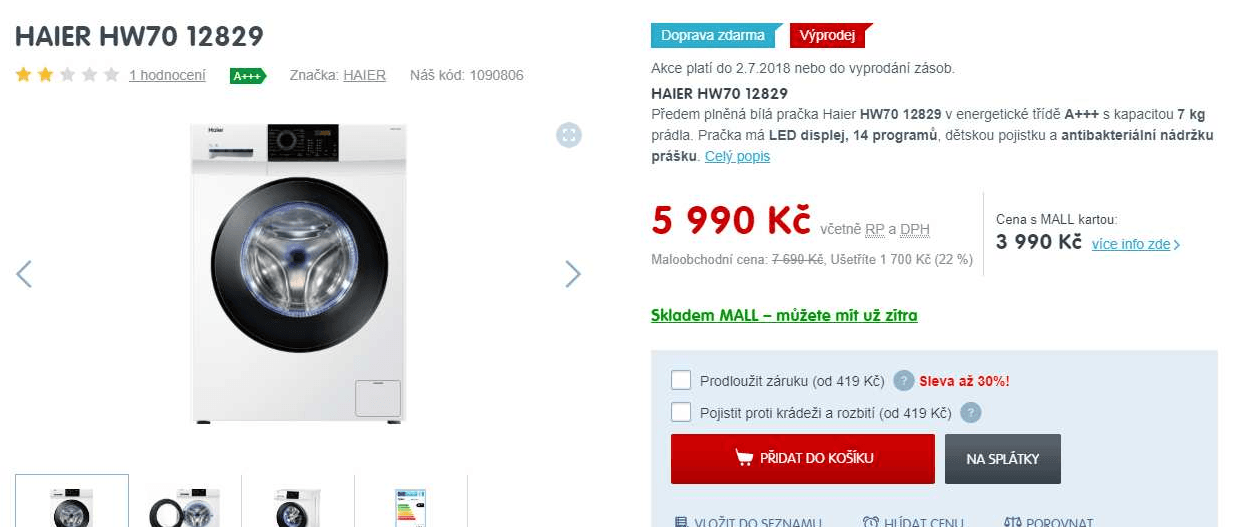Pračka Haier, 7kg, 1200 ot., A+++