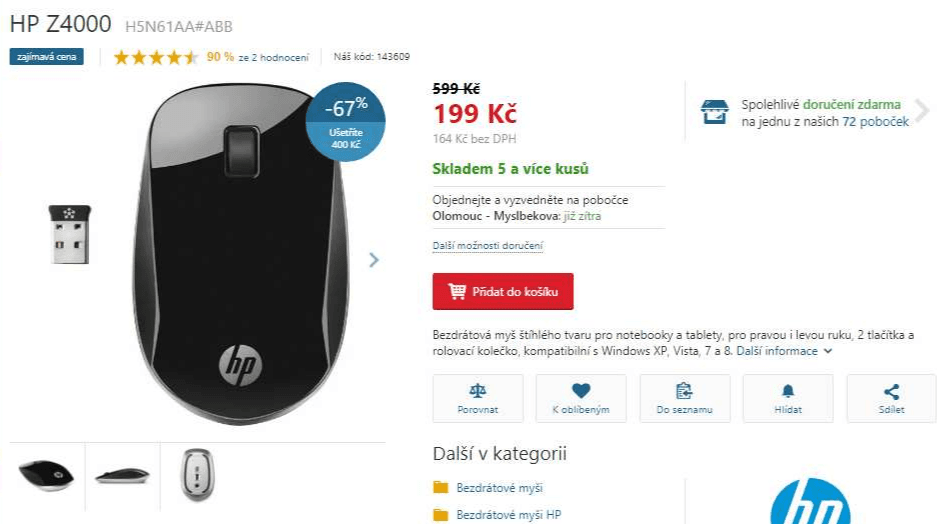 Bezdrátová optická myš HP