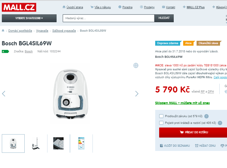 Sáčkový vysavač Bosch, 750 W, 5 l