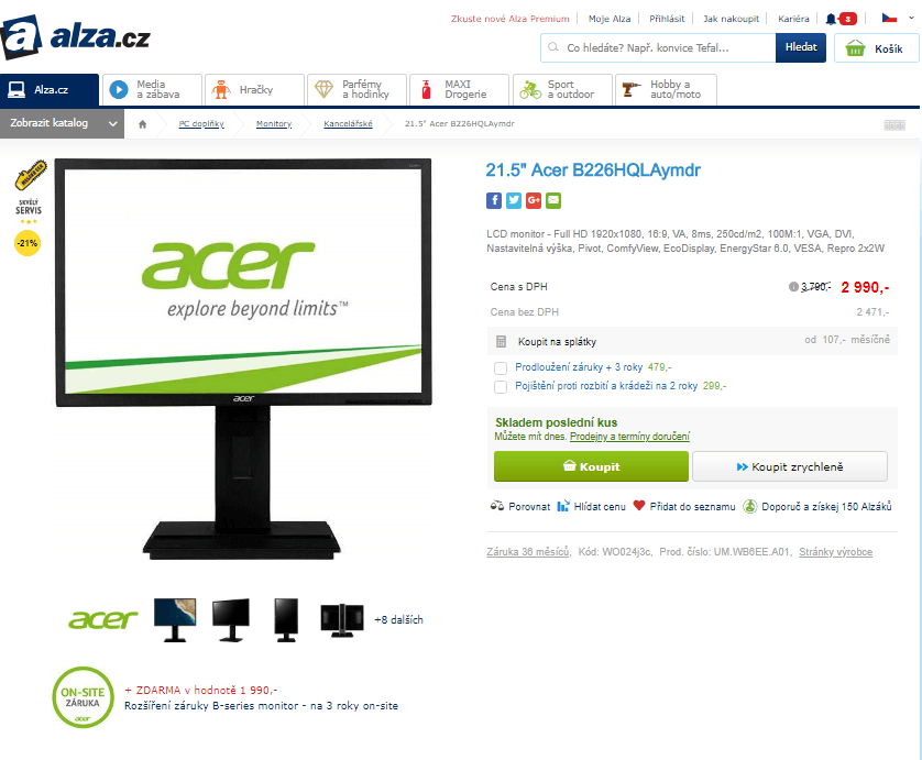 PC monitor Acer, 22", LCD, full HD, repro