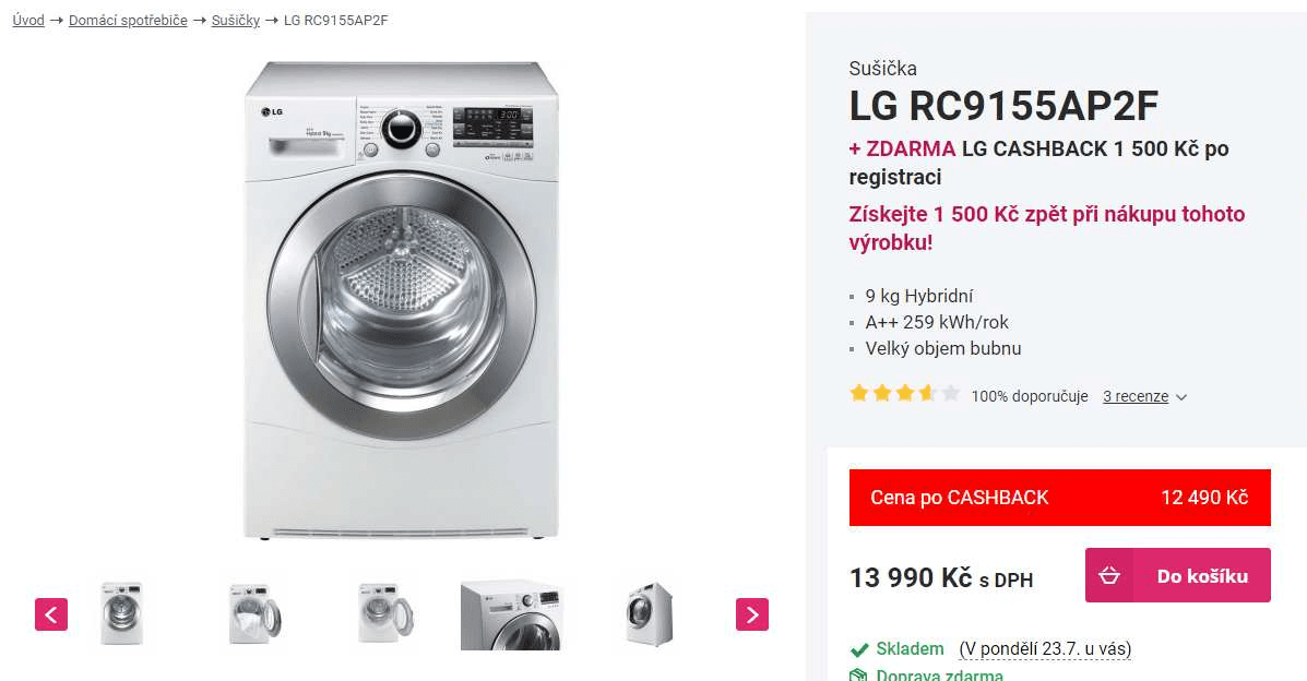 Sušička prádla LG, 9kg, A++, NFC