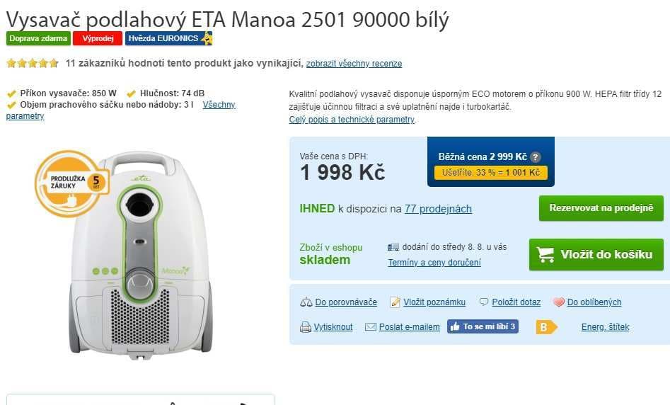 Vysavač Eta Manoa, sáčkový, pro alergiky