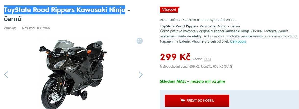 Jezdící a hrací model motorky Kawasaki, 24 cm