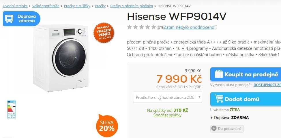 Pračka Hisense, 9kg, 1400 ot., A+++