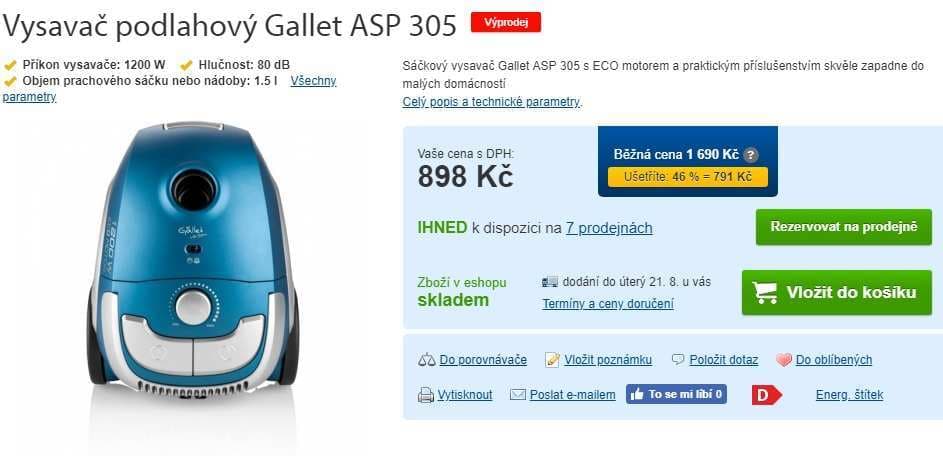 Sáčkový vysavač Gallet ASP 305