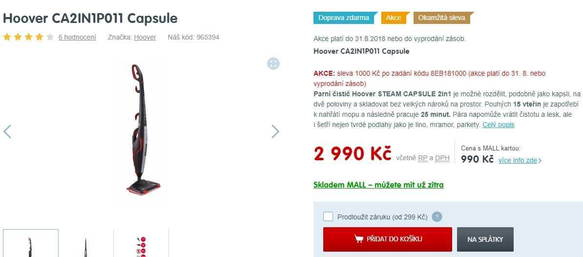 Parní čistič Hoover STEAM CAPSULE 2in1