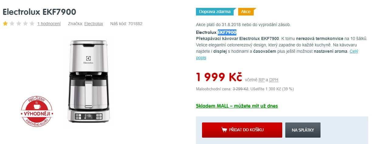 Překapávací kávovar Electrolux, 1,4l.