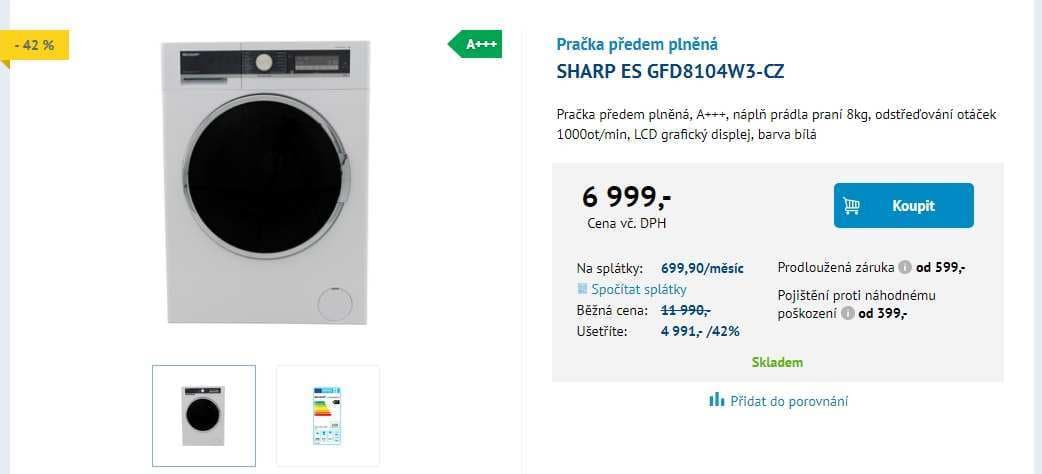 Pračka Sharp, 8kg, 1000 ot., A+++