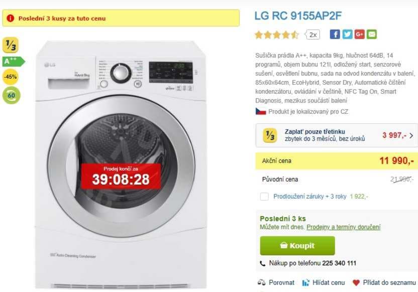 Sušička prádla LG, 9kg, A++, NFC