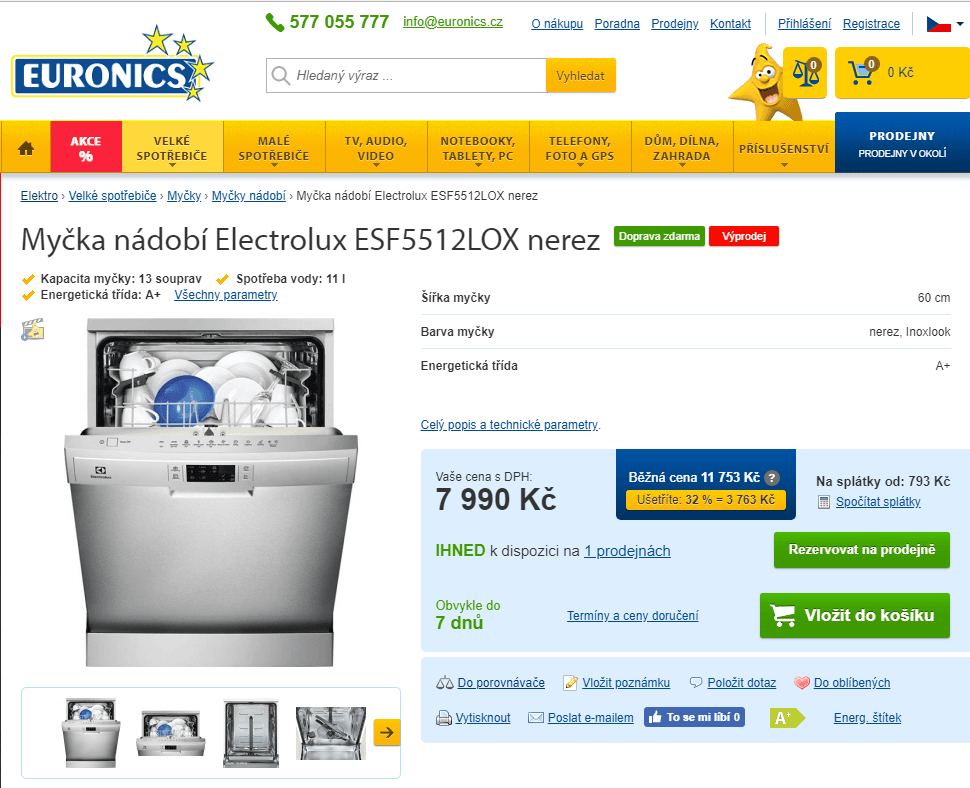 Myčka Electrolux, A+, 13 souprav, nerez