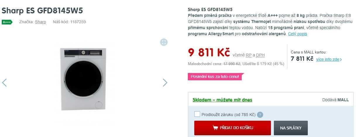Pračka Sharp, 8kg, 1400 ot., A+++