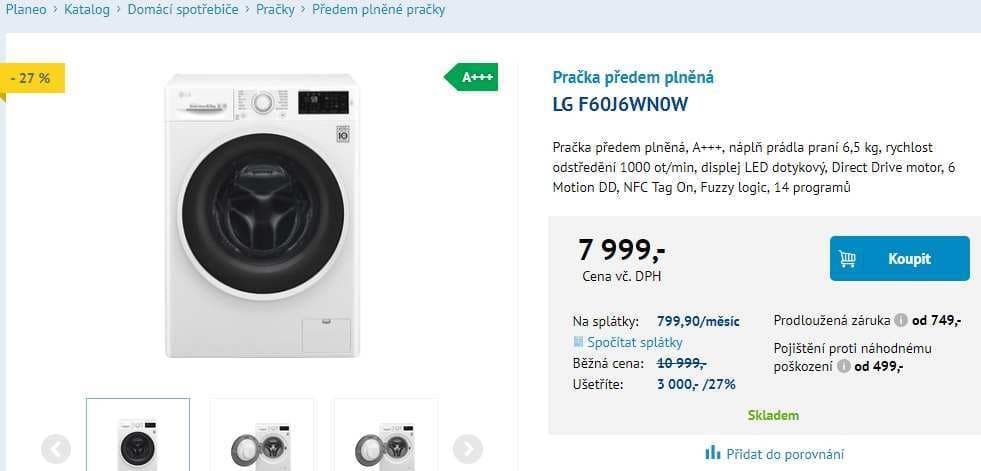 Pračka LG, 6,5kg, 1000 ot., A+++, NFC