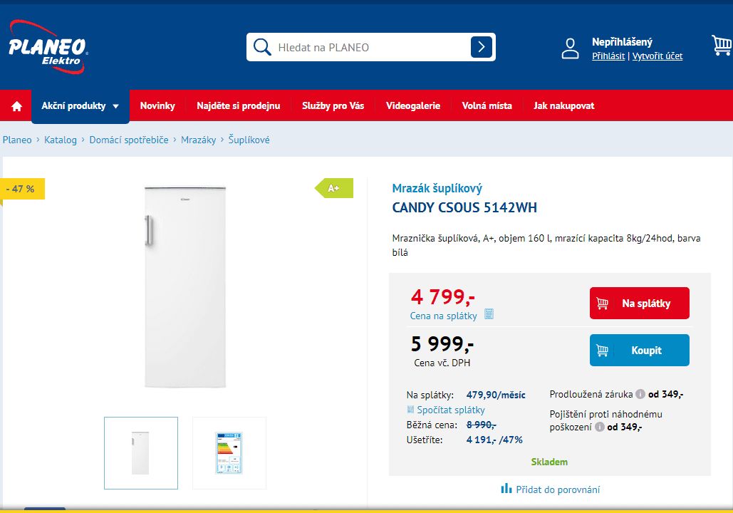 Mraznička šuplíková Candy, A+, 160 l