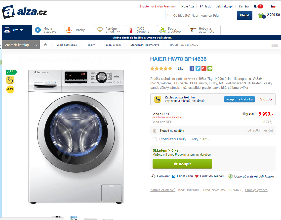 Pračka Haier, A+++, 7 kg, 1400 ot./min