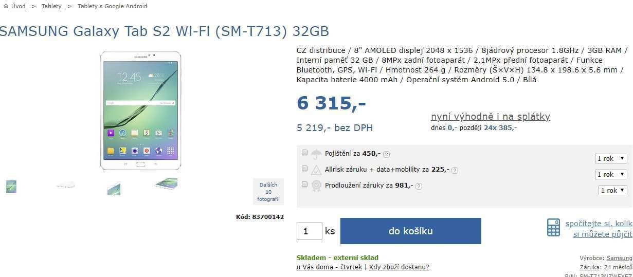 Tablet Samsung, 8x 1,8GHz, 3GB RAM, 8"