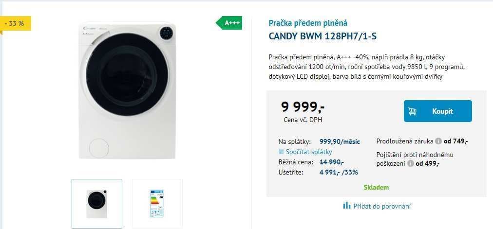 Pračka Candy, 8kg, 1200 ot., pára, A+++