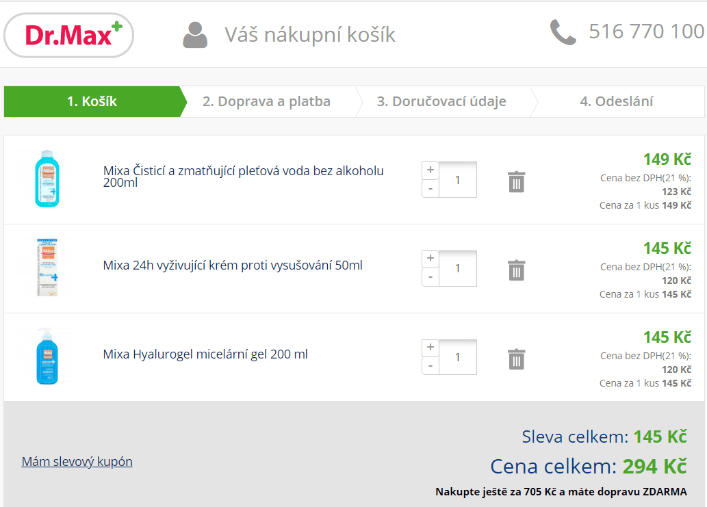 Akce 2+1 zdarma na kosmetiku Mixa