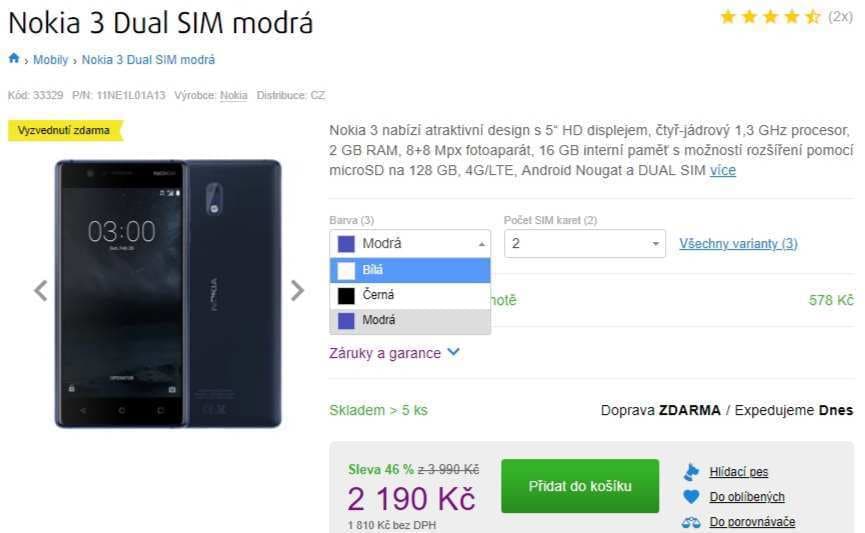 Nokia 3, 4x 1,3GHz, 2GB RAM, 5", LTE, NFC