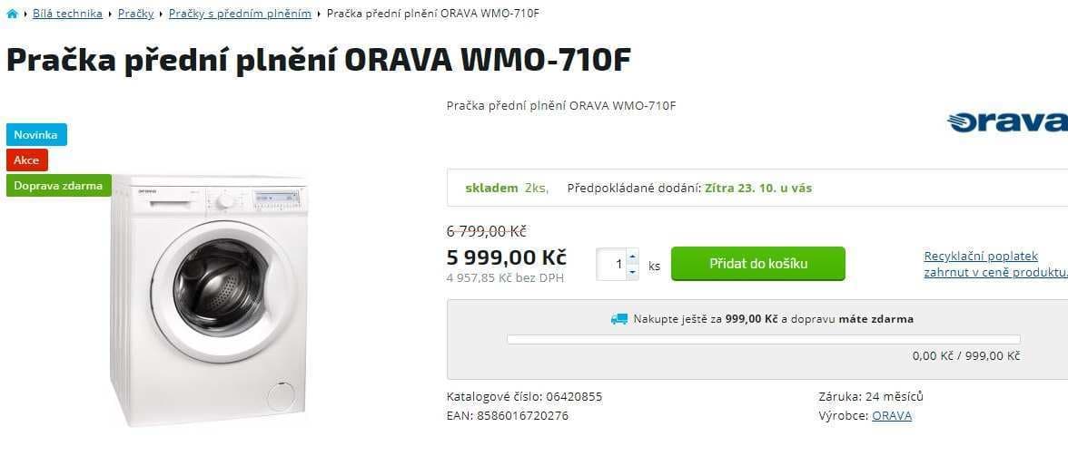 Pračka Orava, 7kg, 1000 ot., A++, 53 cm