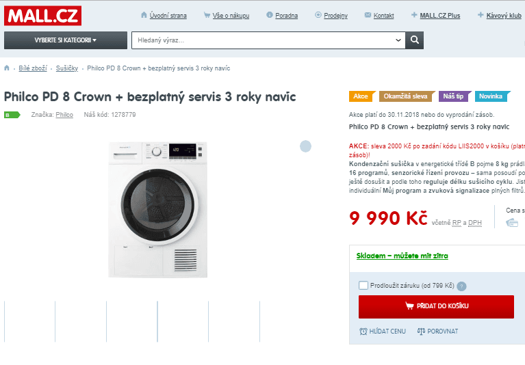 Kondenzační sušička Philco, 8 kg, 16 prog.