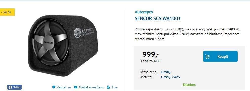 Aktivní subwoofer do auta Sencor, 400W