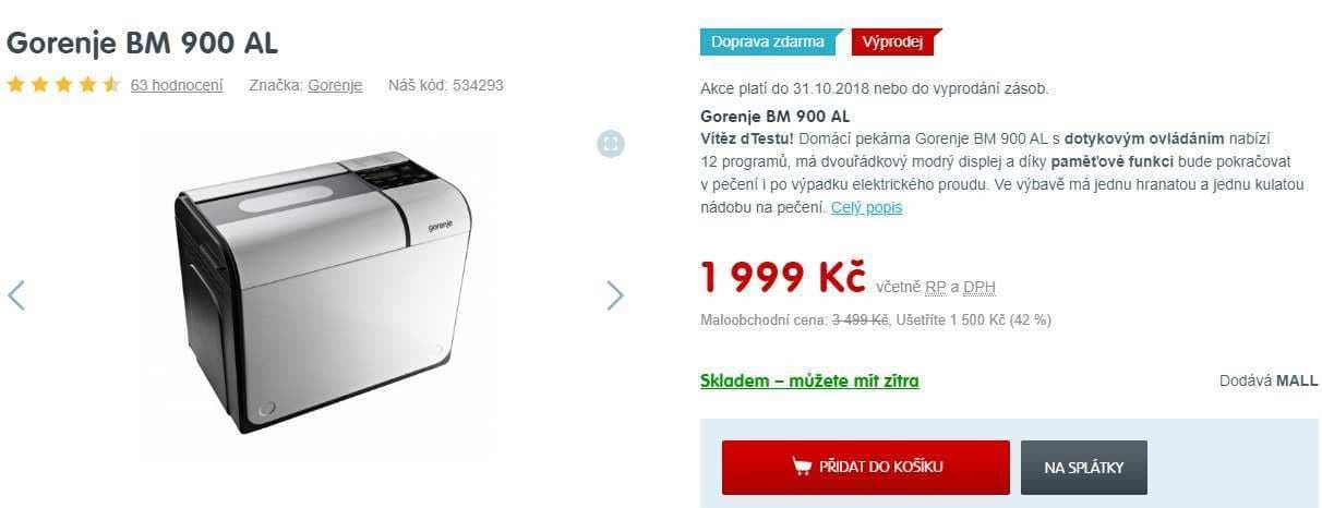 Domácí pekárna Gorenje, vítěz dTest