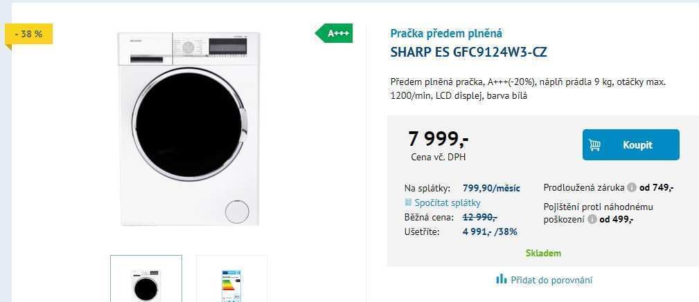 Pračka Sharp, 9kg, 1200 ot., A+++