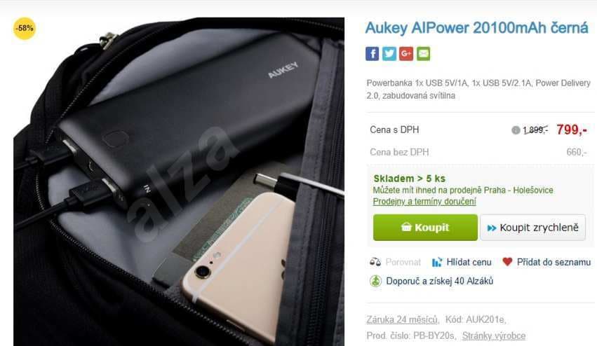 Powerbanka Aukey, 20100 mAh, USB-C, 3 porty