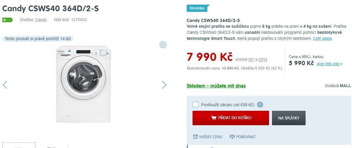 Pračka se sušičkou Candy, 6/4kg, 1300, pára
