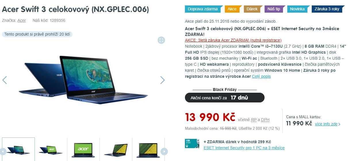Acer, i3, 2,7GHz, 8GB RAM, 14", 1,6kg