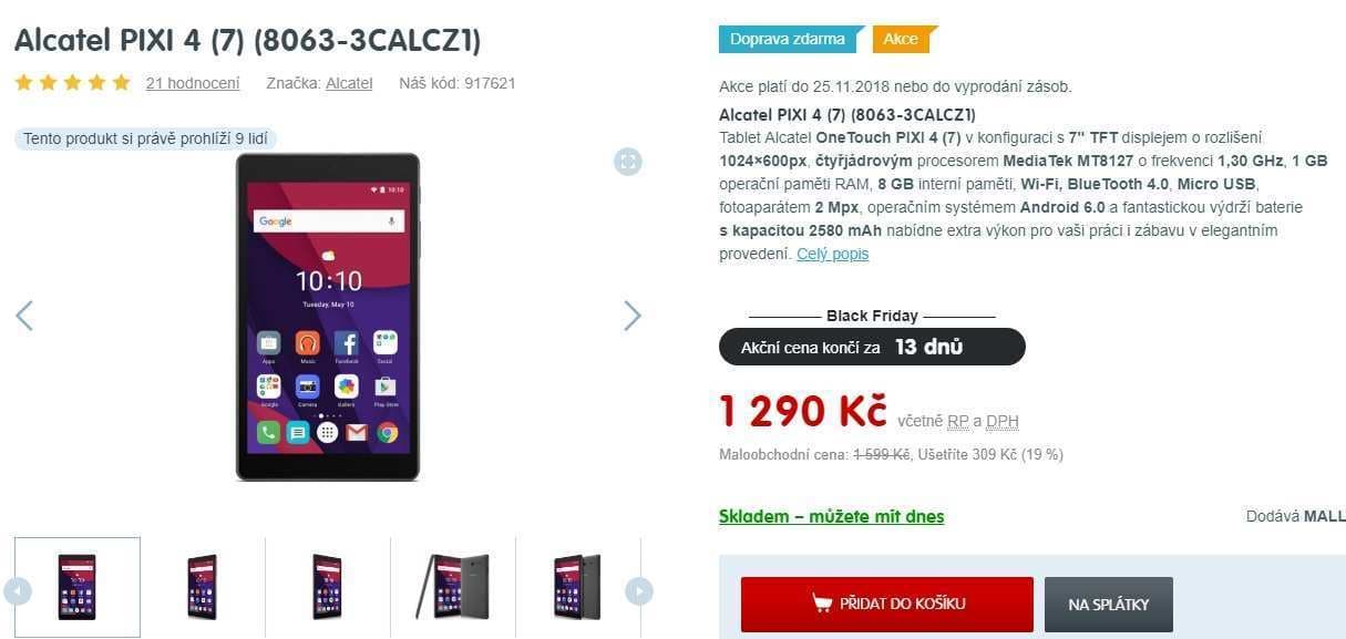Tablet Alcatel, 4x 1,3GHz, 1GB RAM, 7"