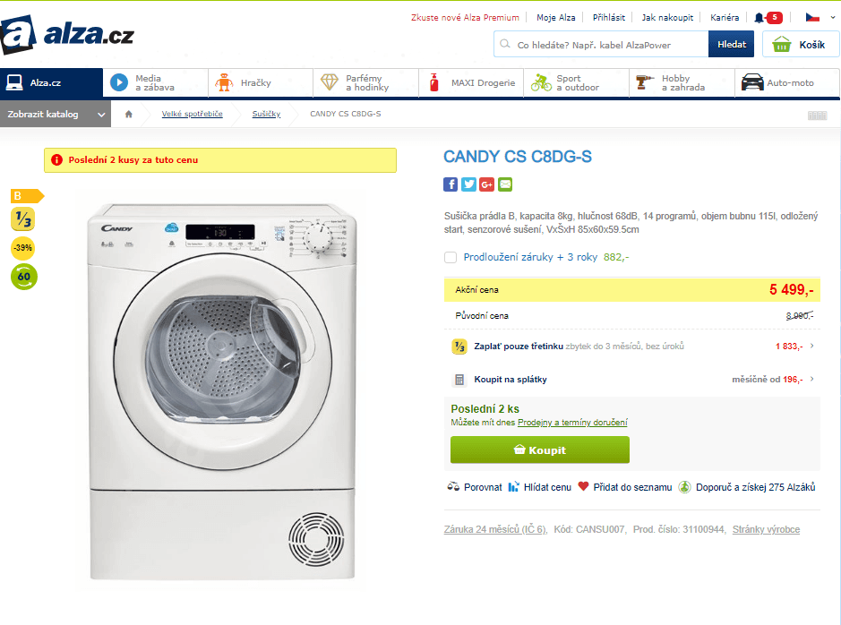 Sušička prádla Candy, 8kg, 14 programů
