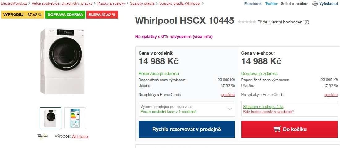 Sušička prádla Whirlpool, 10 kg, A++