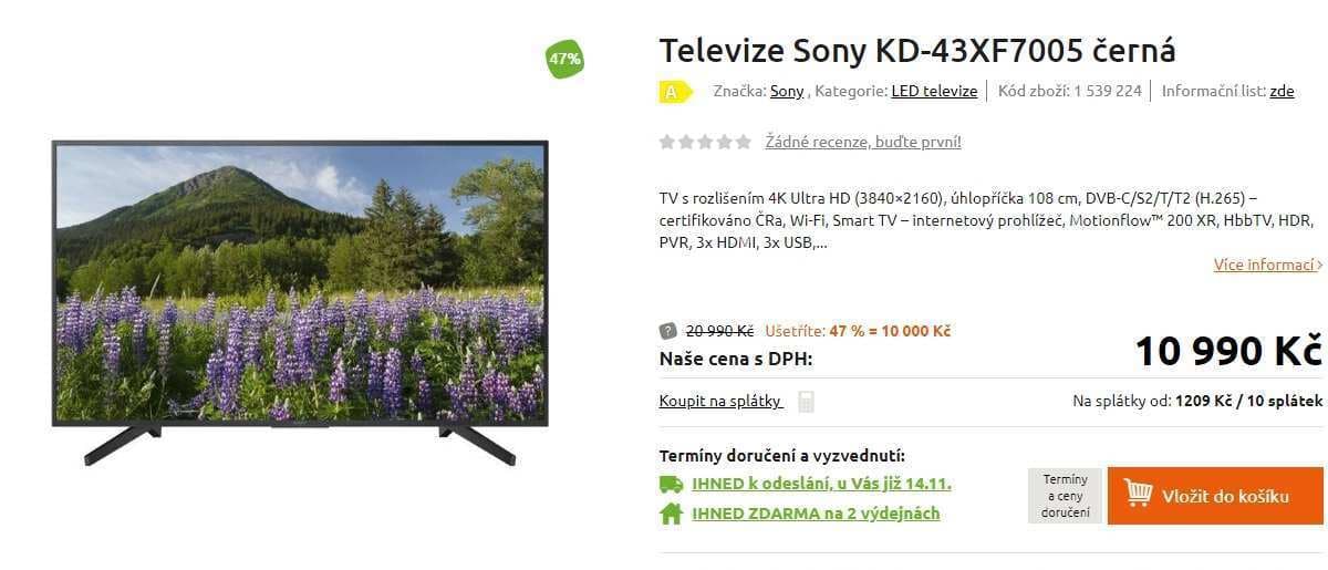 Ultra HD TV, HDR, Smart, 108 cm, SONY