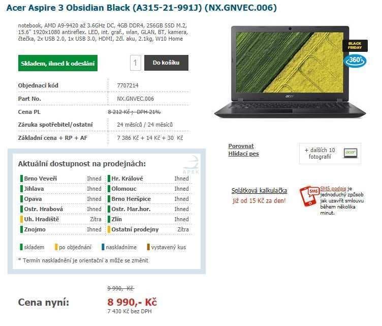 Acer, až 3,6 GHz, 4GB RAM, 15,6", SSD