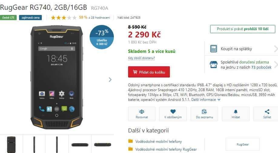 Odolný telefon Ruggear, 4x 1,2GHz, 2GB RAM