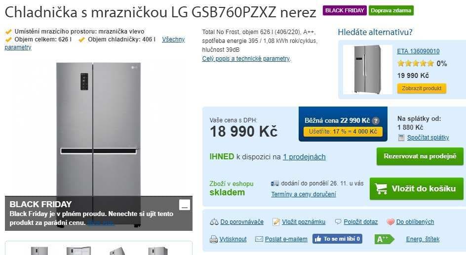 Americká lednice LG, no frost, A++, NFC
