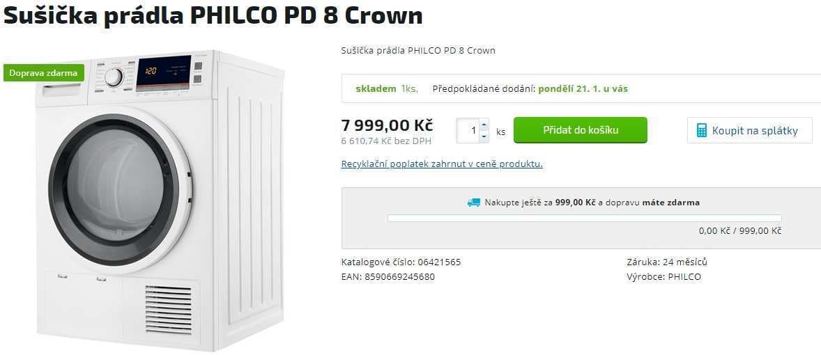 Kondenzační sušička Philco, 8 kg, 16 prog.