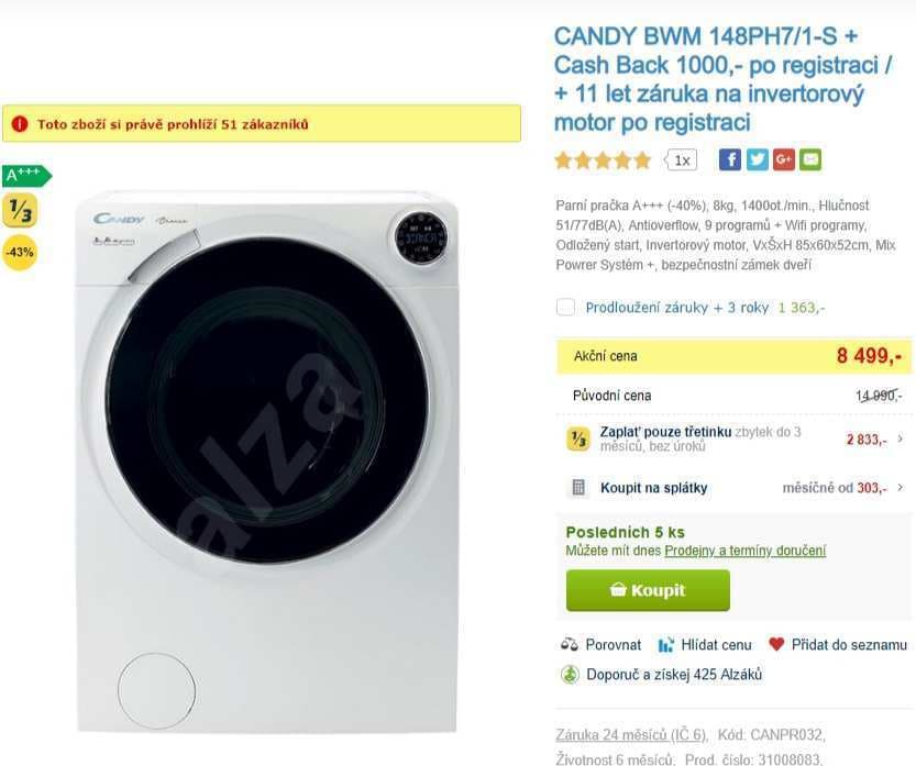 Parní pračka Candy, 8kg, 1400 ot., Wifi