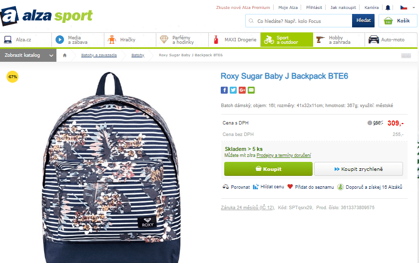 Dámský batoh Roxy Sugar Baby J 16l