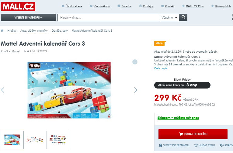 Adventní kalendář Mattel Cars 3