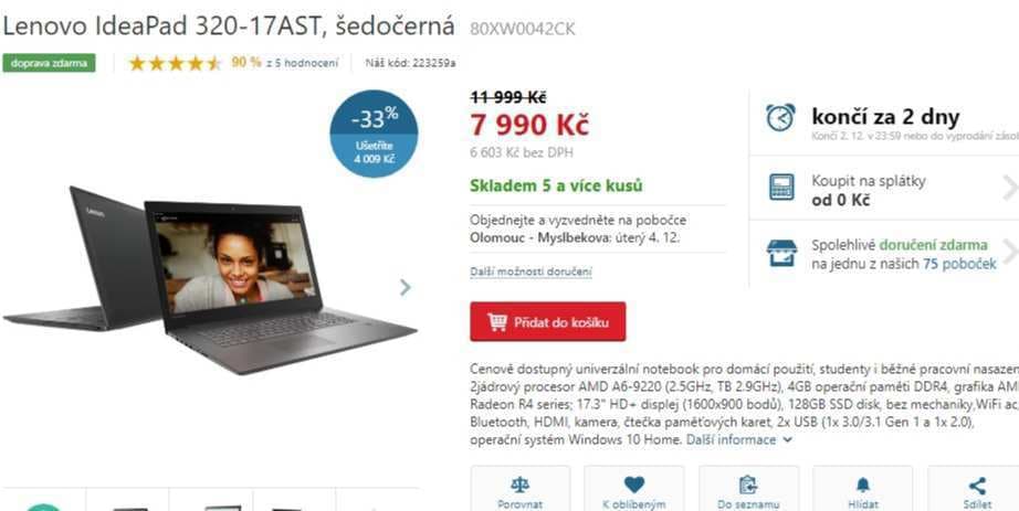 Lenovo, až 2,9GHz, 4GB RAM, 17,3"