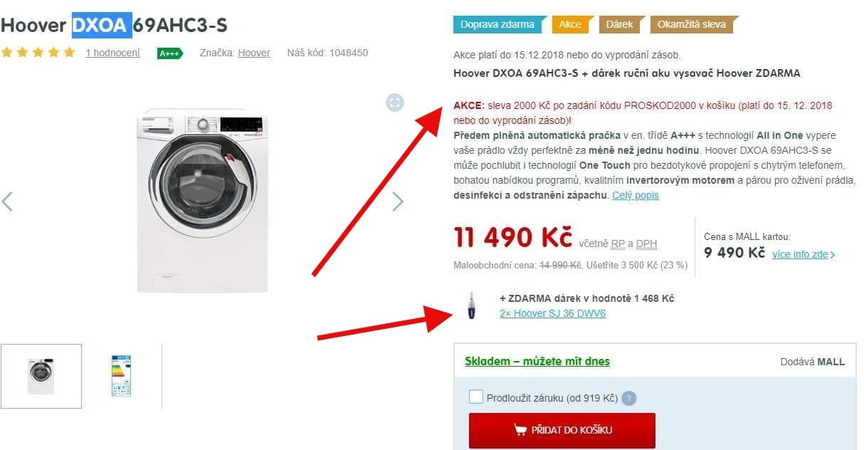 Pračka Hoover, 9kg, 1600 ot., A+++, NFC