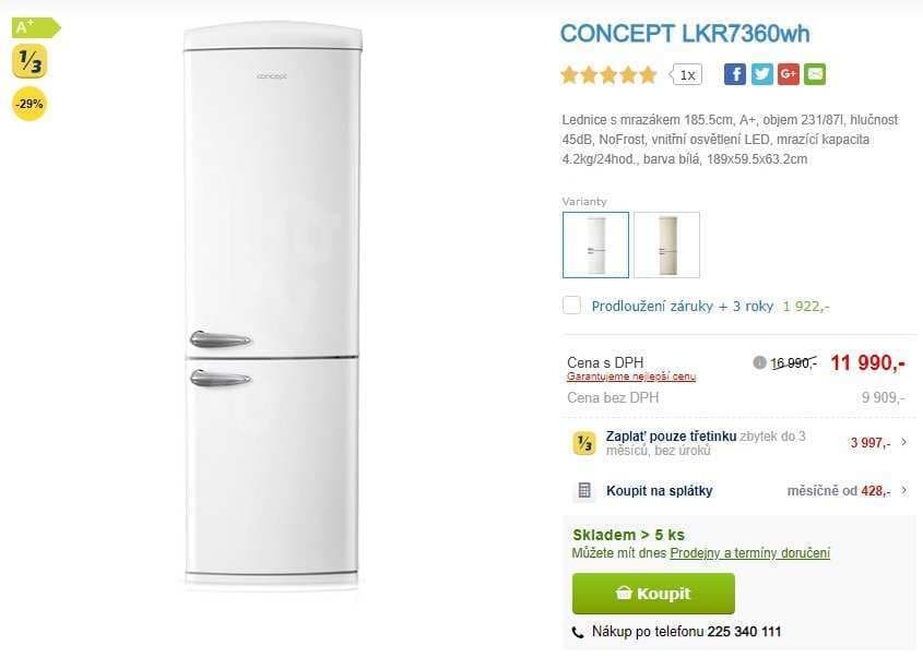 Retro design lednice CONCEPT, no frost. 189 cm