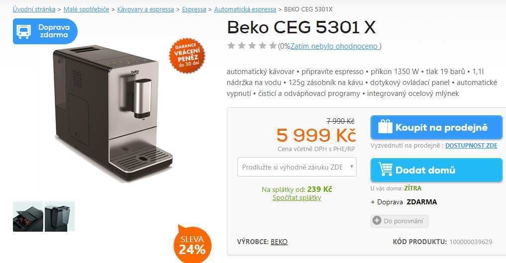 Kávovar Beko, mlýnek, dotykové ovládání