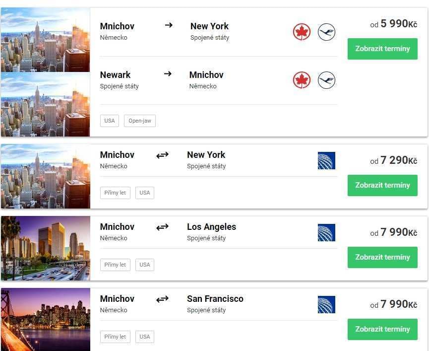 Zpáteční letenky Mnichov - NY, LA, SF