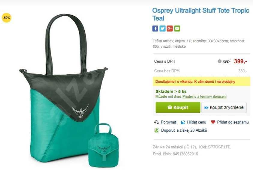 Ultralehká kabelka, sbalitelná, Osprey 17l.